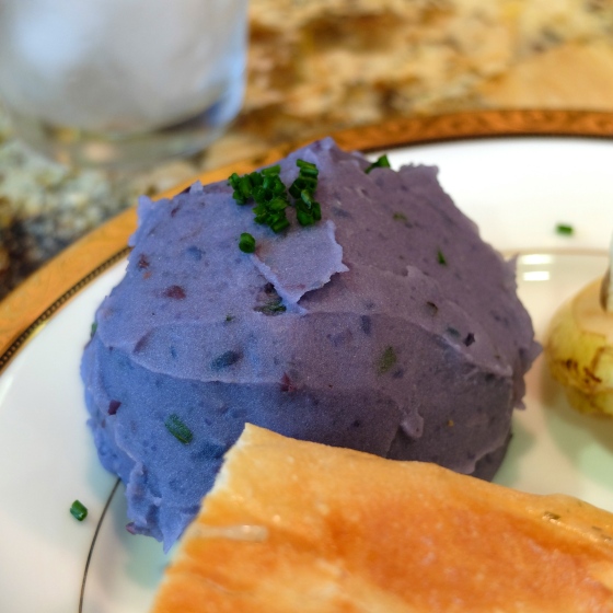 Garlic and chive mashed purple potatoes.